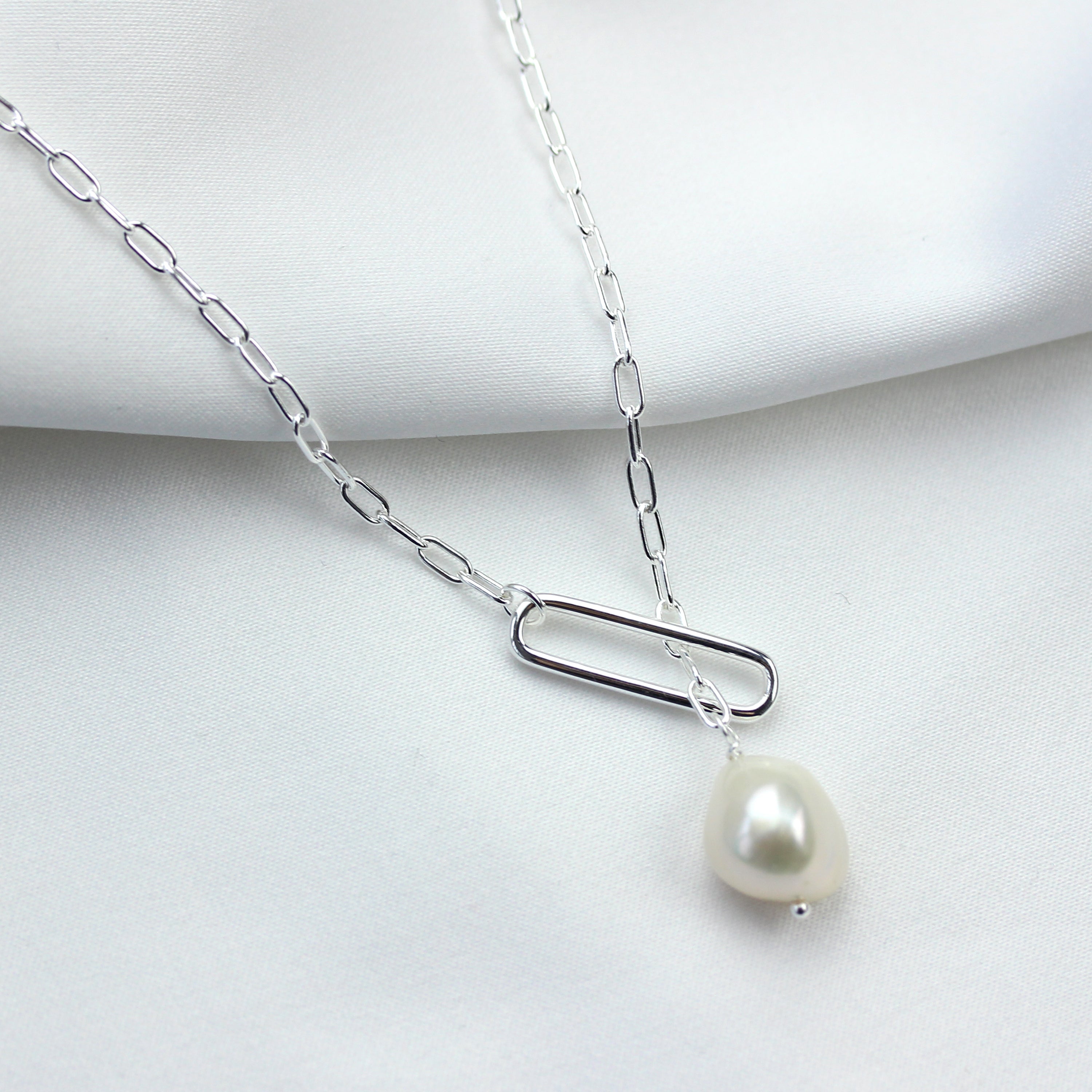 Sterling Silver Natural Freshwater Pearl Drop Link Chain Necklace