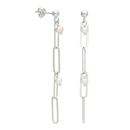 Sterling Silver Freshwater Pearl Drop Link Stud Earrings