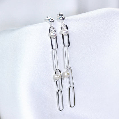 Sterling Silver Freshwater Pearl Drop Link Stud Earrings