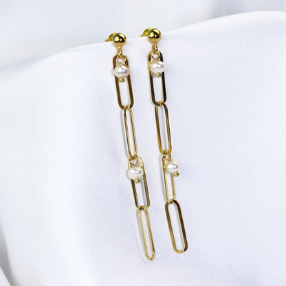 Gold Plated Sterling Silver Pearl Drop Link Stud Earrings