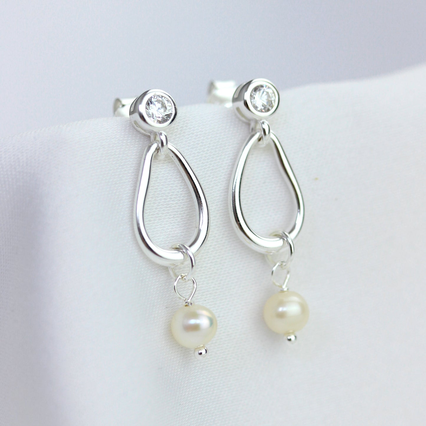 Sterling Silver Drop Freshwater Pearl & CZ Dangle Earrings