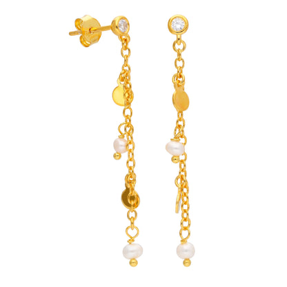 Gold Plated Sterling Silver Pearl Drop CZ Stud Earrings