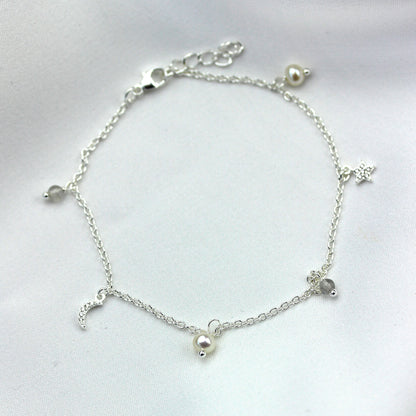Sterling Silver Freshwater Pearl Charm CZ Star Moon Bracelet
