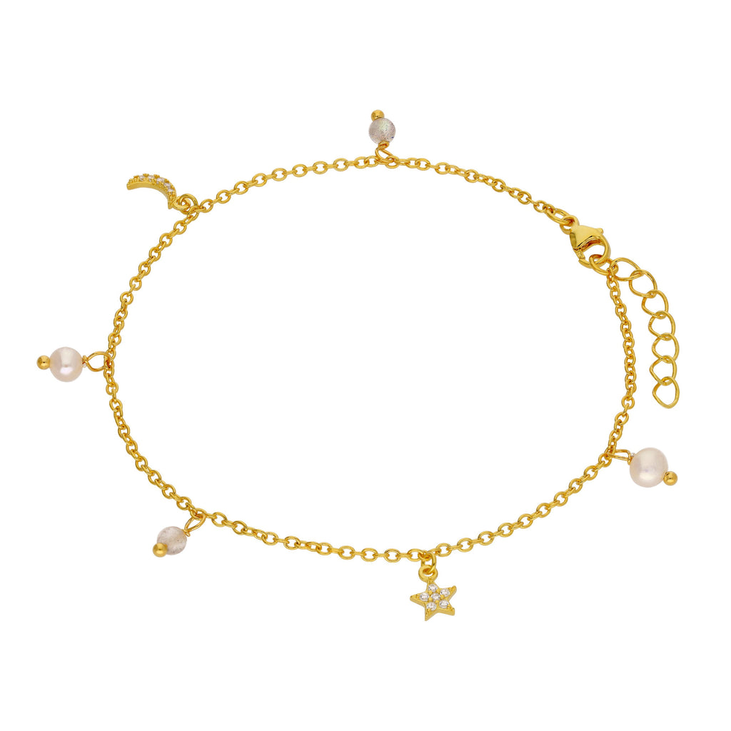 Gold Plated Sterling Silver Freshwater Pearl CZ Star Moon Bracelet