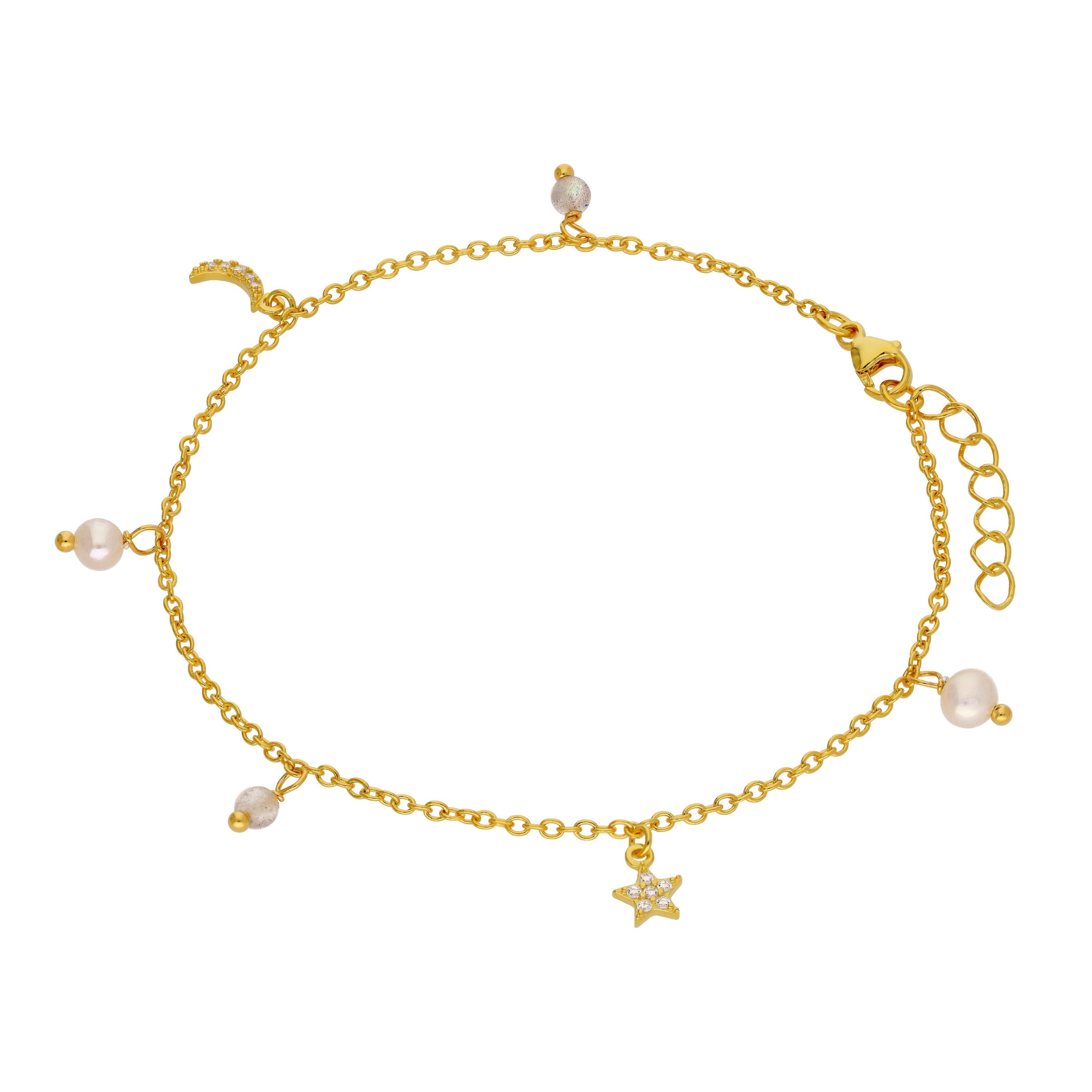 Gold Plated Sterling Silver Freshwater Pearl CZ Star Moon Bracelet