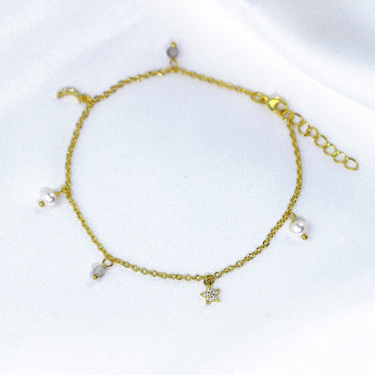 Gold Plated Sterling Silver Freshwater Pearl CZ Star Moon Bracelet