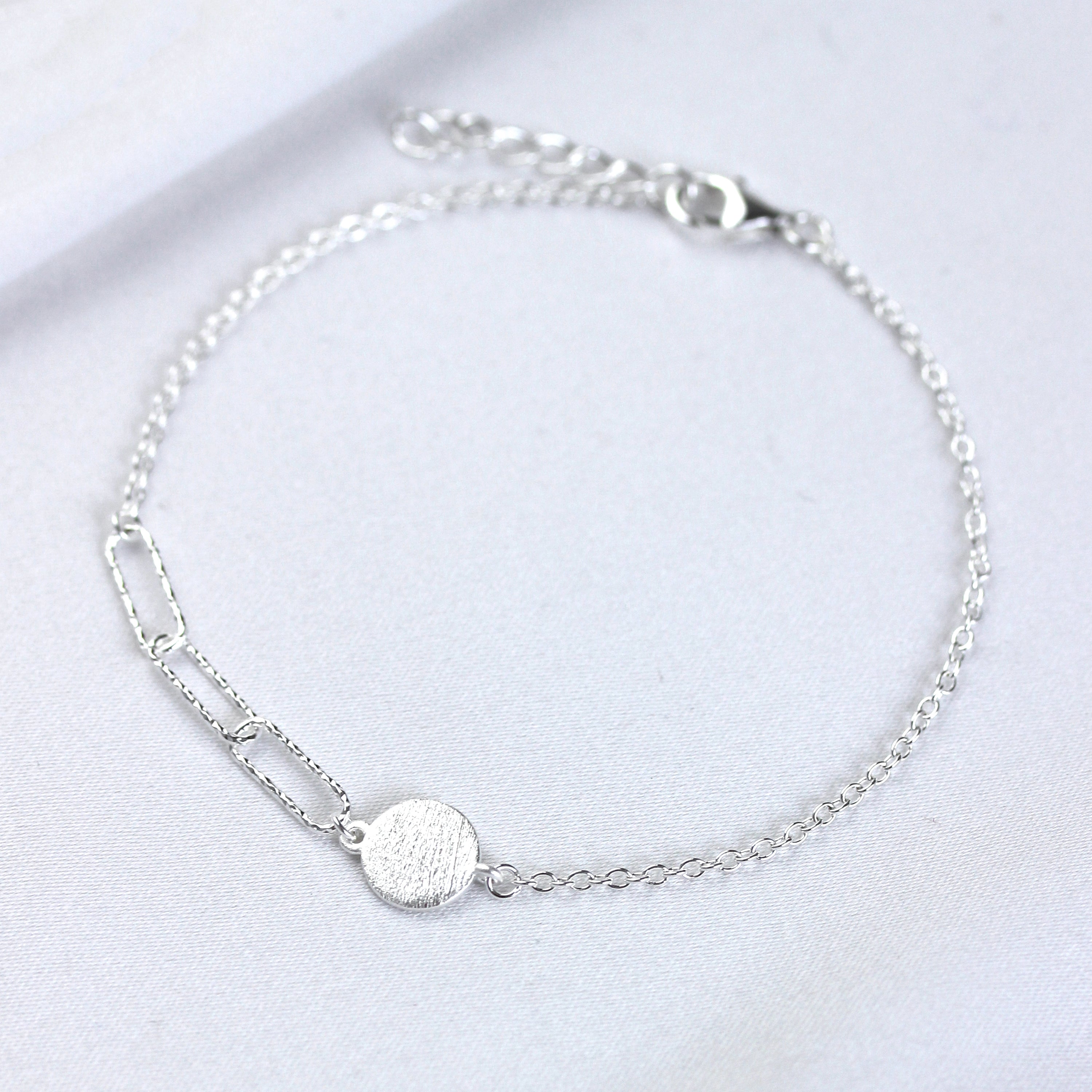 Sterling Silver Brushed Engravable Disc Long Link Bracelet