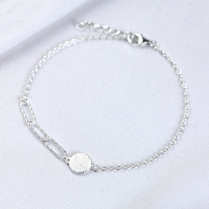 Sterling Silver Brushed Engravable Disc Long Link Bracelet