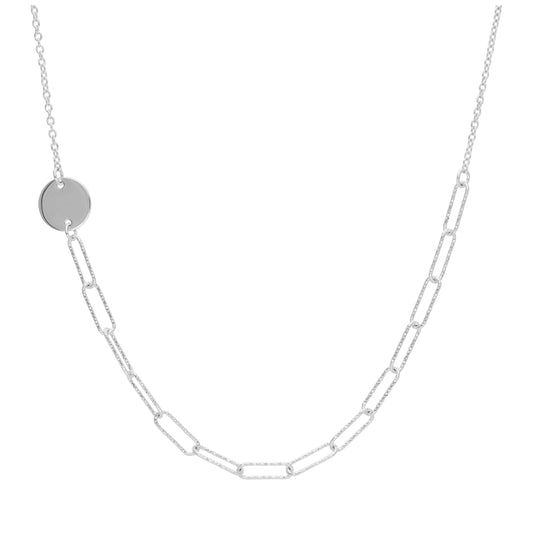 Sterling Silver Engravable Disc Long Hammered Link Necklace