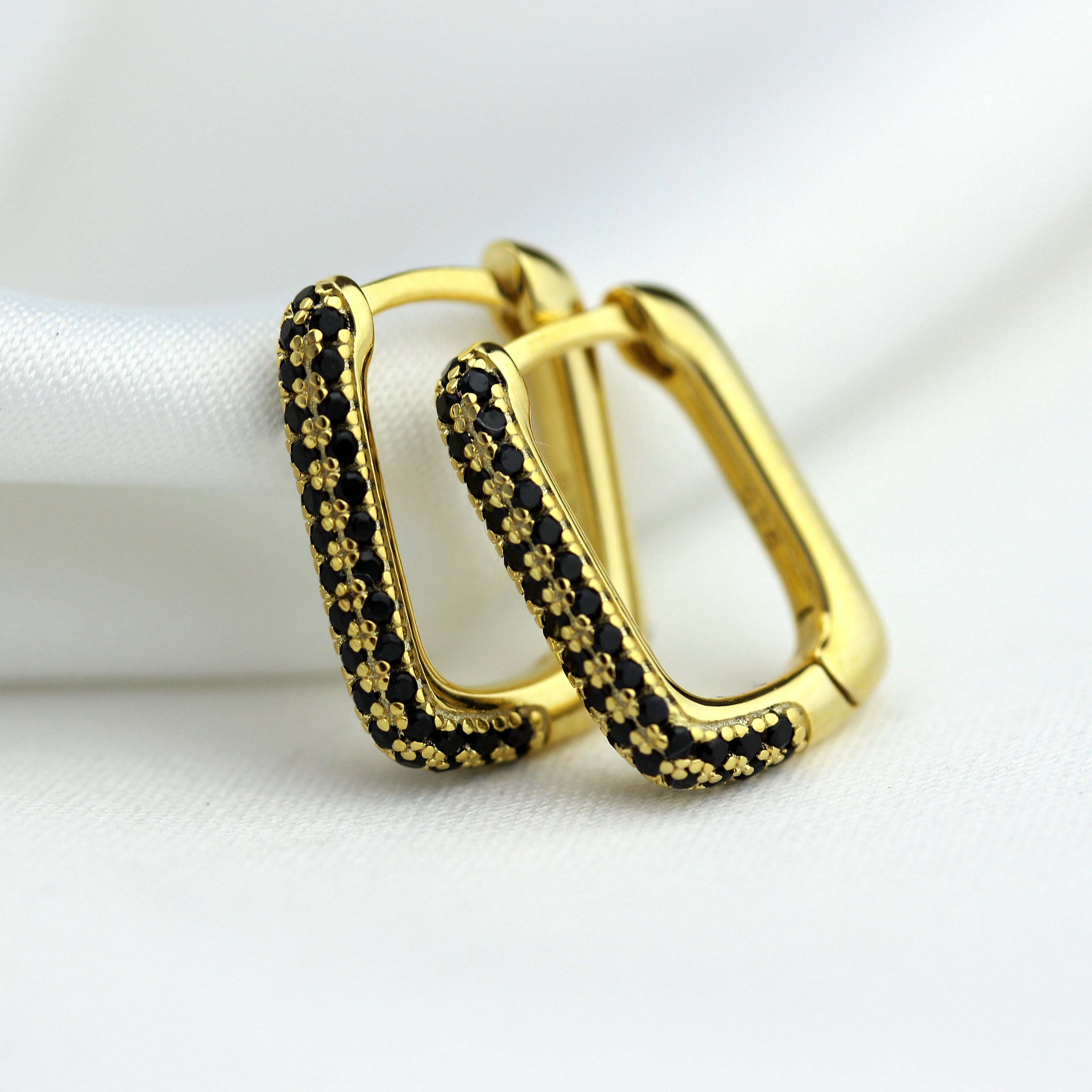 Gold Plated Sterling Silver Ovate Black CZ 15mm Hoop Earrings