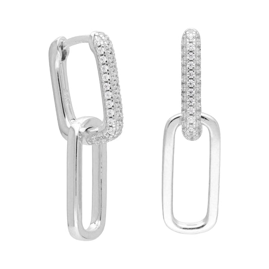 Sterling Silver Ovate CZ Long Link Hoop Huggie Earrings