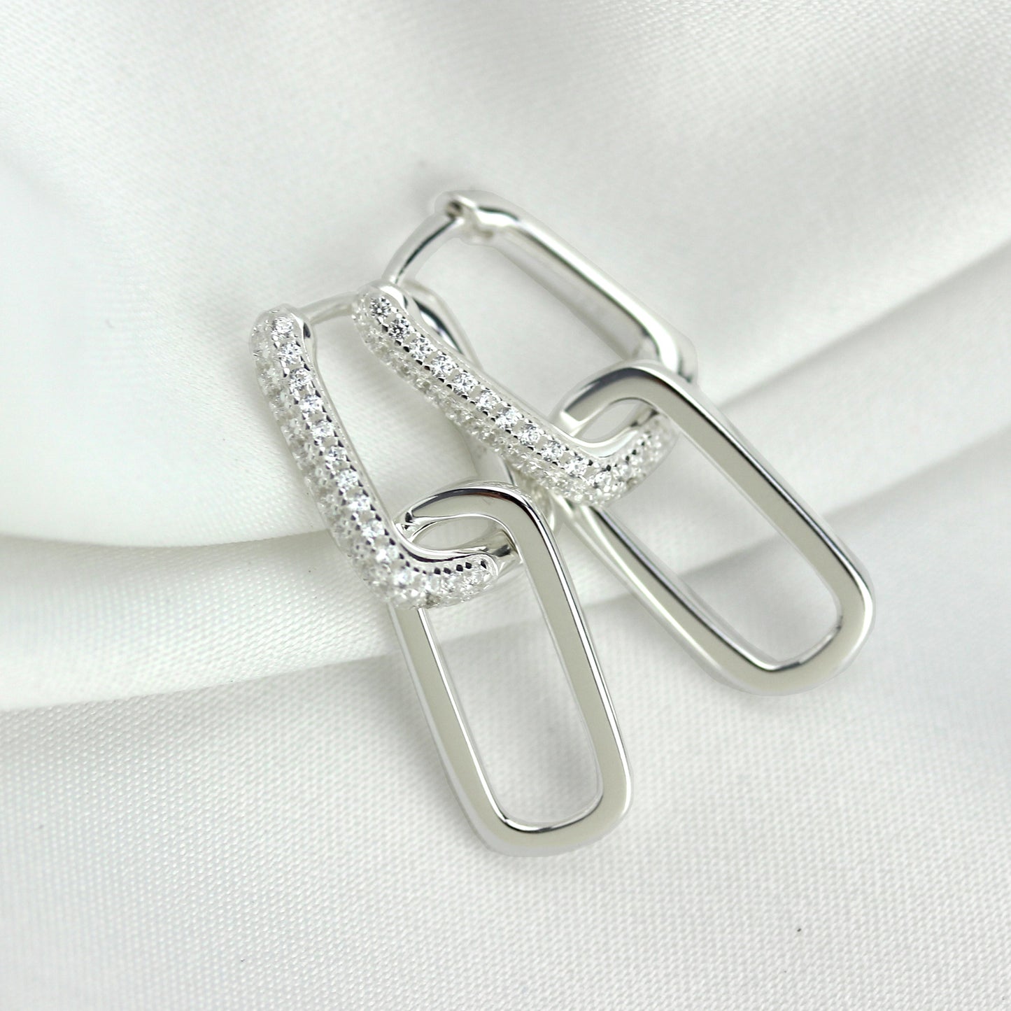 Sterling Silver Ovate CZ Long Link Hoop Huggie Earrings