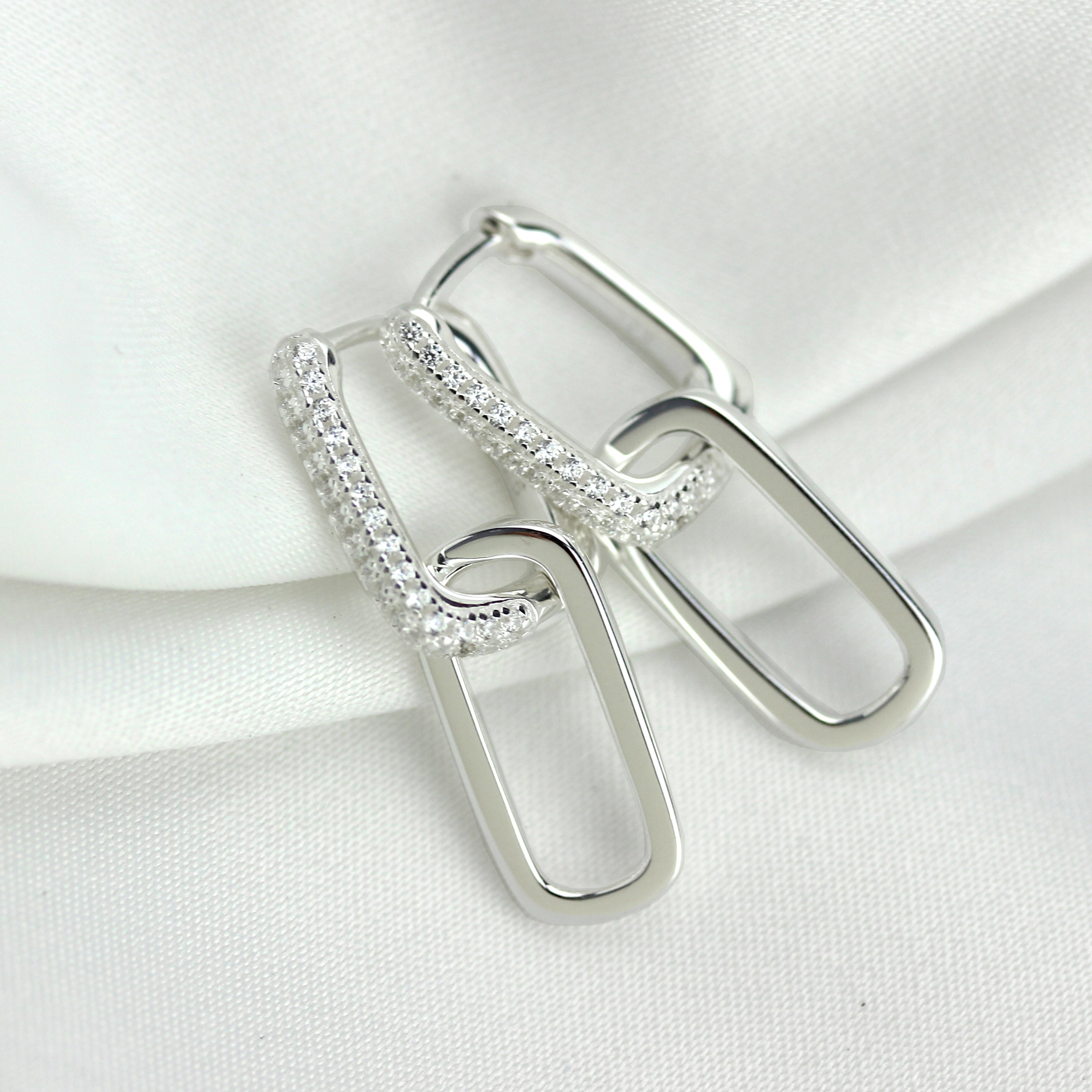 Sterling Silver Ovate CZ Long Link Hoop Huggie Earrings