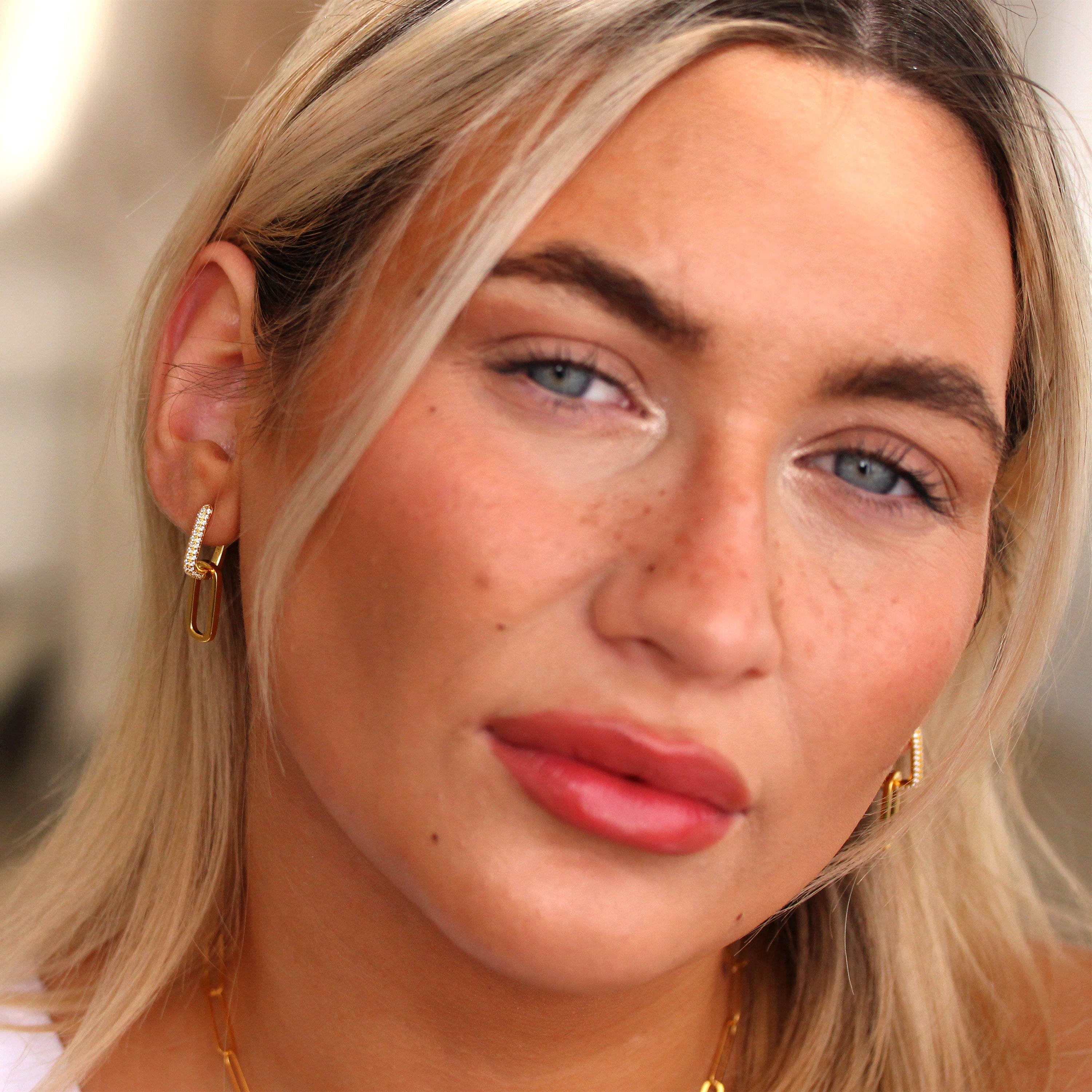 Gold Plated Sterling Silver Ovate CZ Long Link Hoop Earrings
