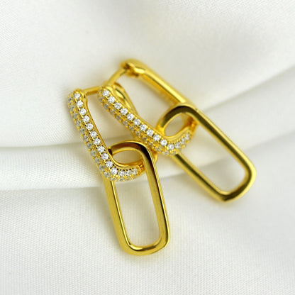 Gold Plated Sterling Silver Ovate CZ Long Link Hoop Earrings