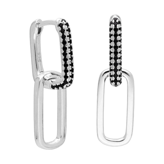 Sterling Silver Ovate Black CZ Link Hoop Earrings