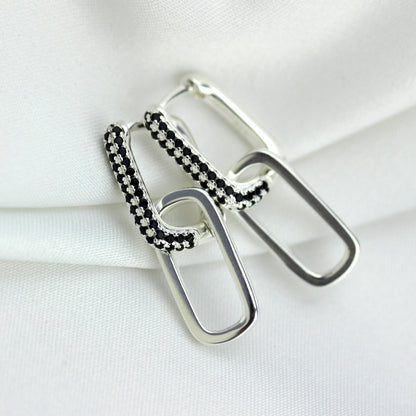 Sterling Silver Ovate Black CZ Link Hoop Earrings