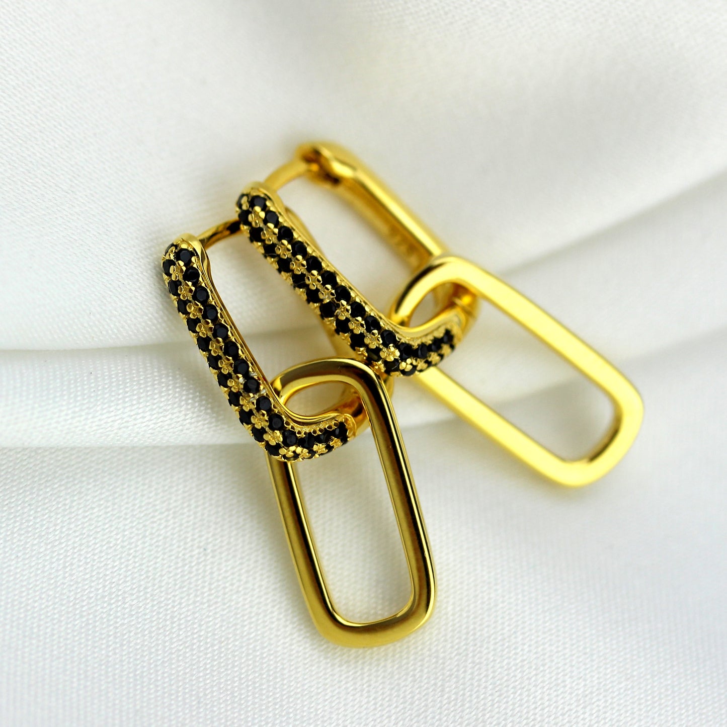 Gold Plated Sterling Silver Ovate Black CZ Link Hoop Earrings