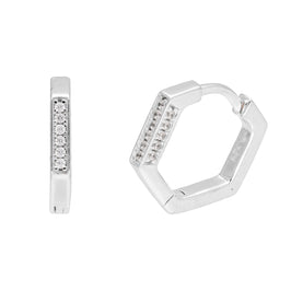 Sterling Silver CZ Encrusted 14mm Pentagon Huggie Hoop Earrings