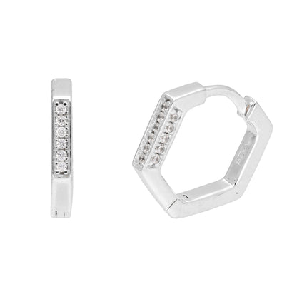 Sterling Silver CZ Encrusted 14mm Pentagon Huggie Hoop Earrings