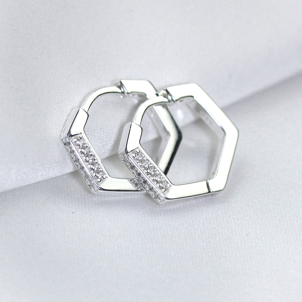 Sterling Silver CZ Encrusted 14mm Pentagon Huggie Hoop Earrings