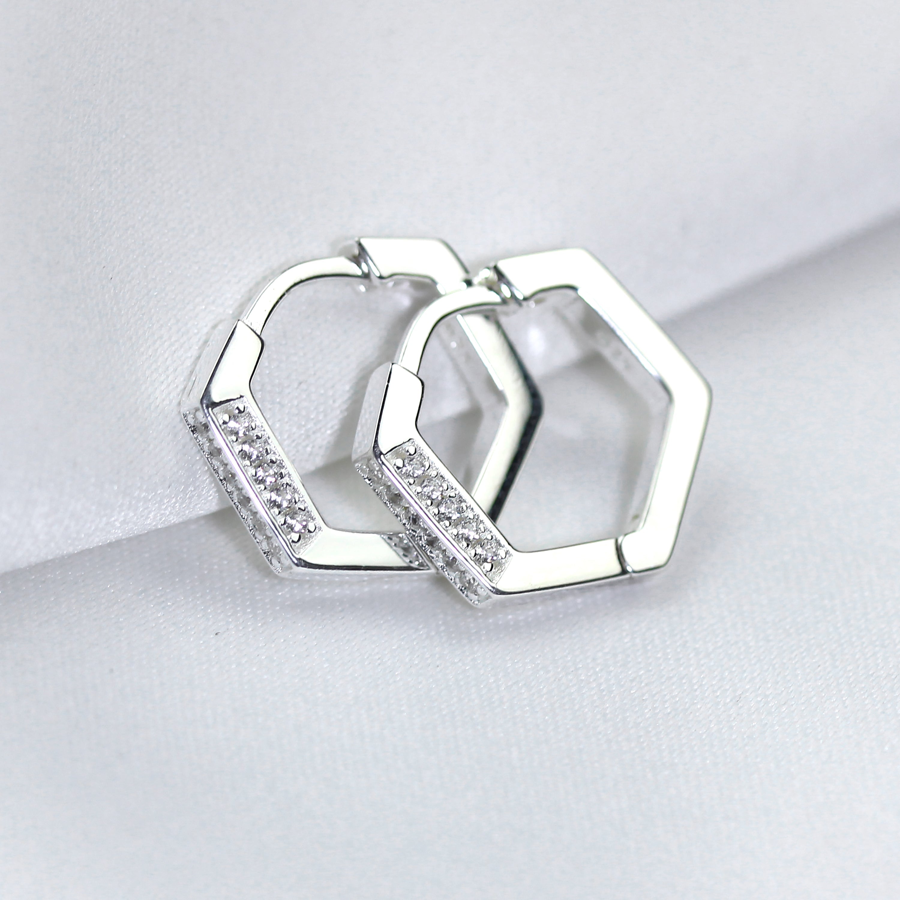 Sterling Silver CZ Encrusted 14mm Pentagon Huggie Hoop Earrings