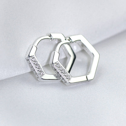 Sterling Silver CZ Encrusted 14mm Pentagon Huggie Hoop Earrings