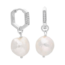 Sterling Silver Pearl CZ Charm 14mm Pentagon Hoop Earrings