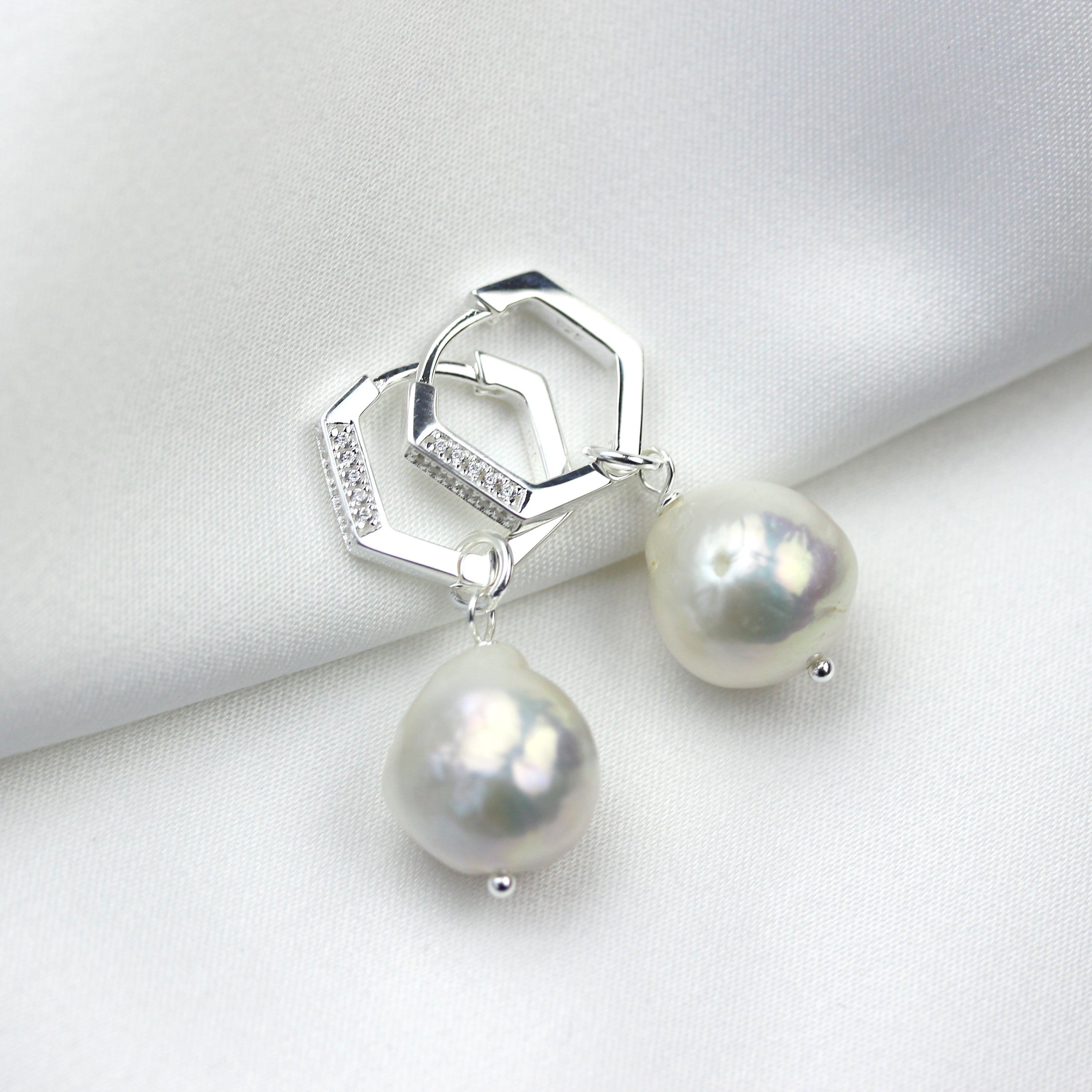 Sterling Silver Pearl CZ Charm 14mm Pentagon Hoop Earrings