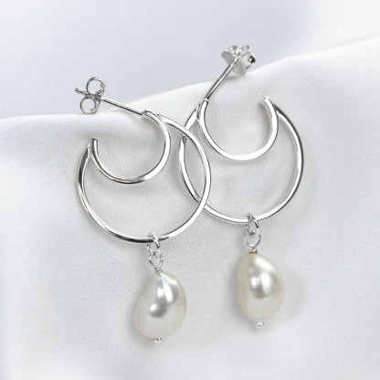Sterling Silver Freshwater Pearl Drop Hoop Stud Earrings