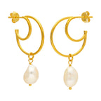 Gold Plated Sterling Silver Pearl Drop Hoop Stud Earrings