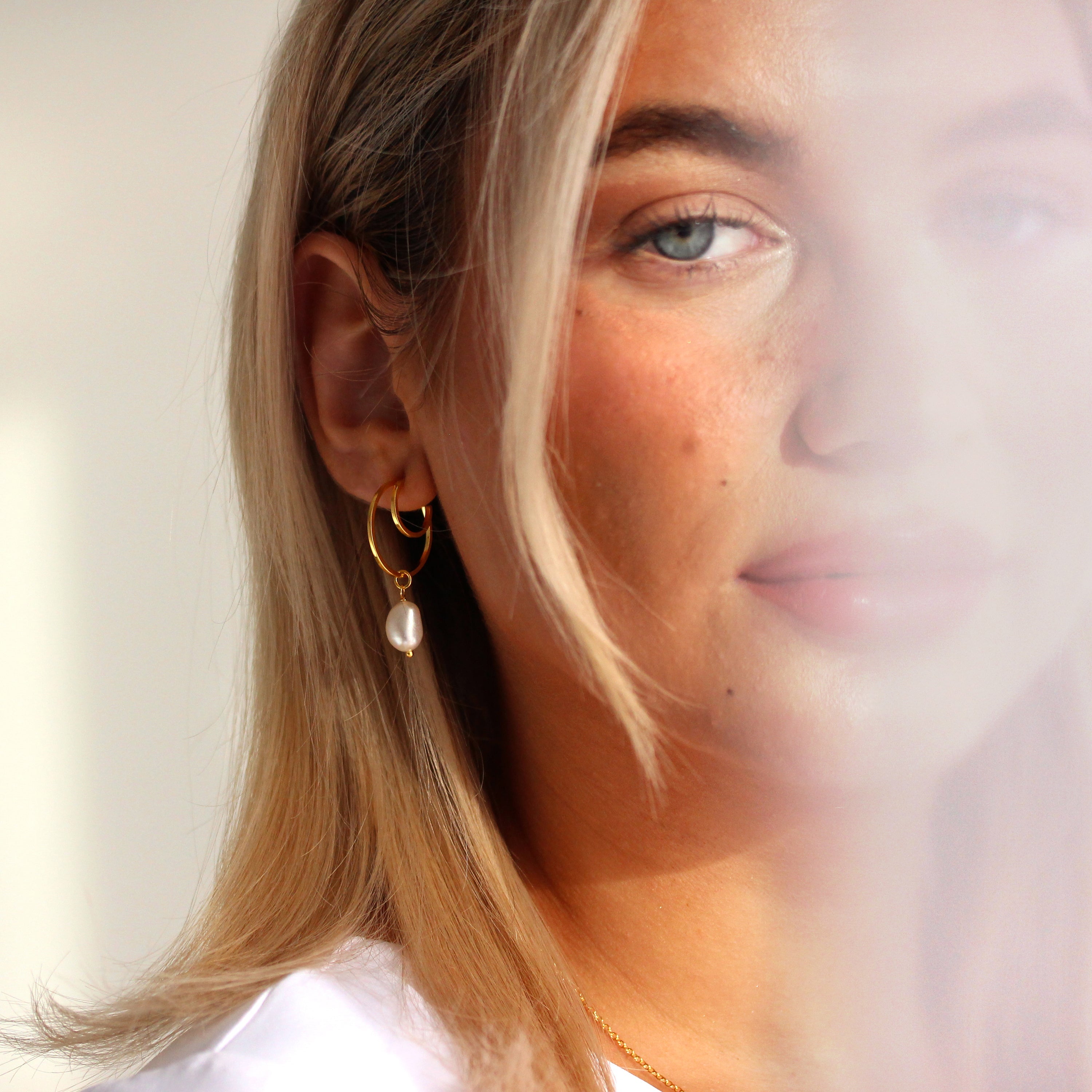 Gold Plated Sterling Silver Pearl Drop Hoop Stud Earrings