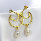 Gold Plated Sterling Silver Pearl Drop Hoop Stud Earrings
