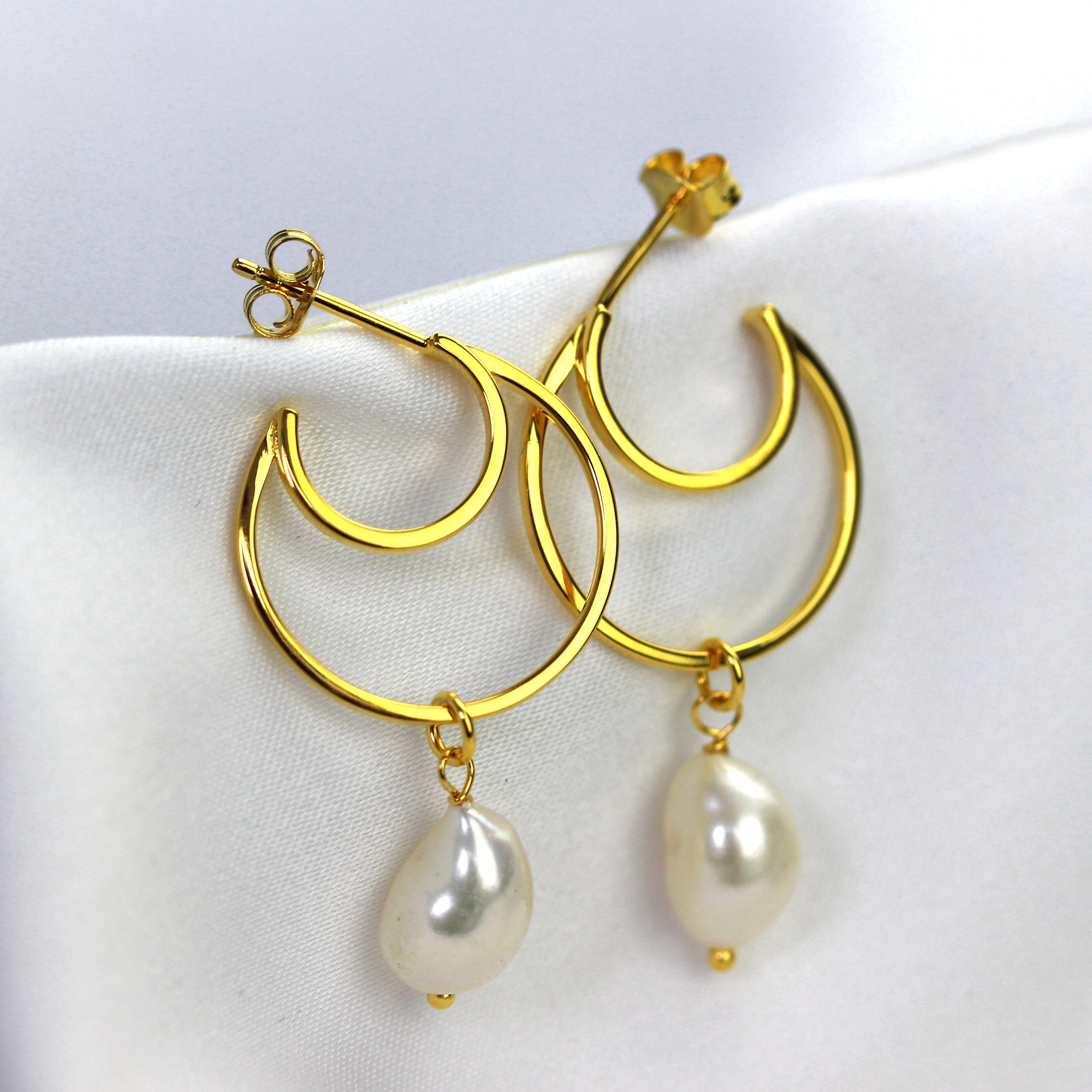 Gold Plated Sterling Silver Pearl Drop Hoop Stud Earrings