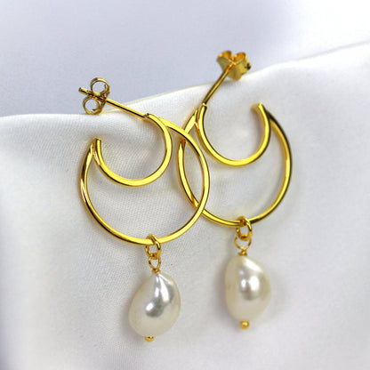 Gold Plated Sterling Silver Pearl Drop Hoop Stud Earrings