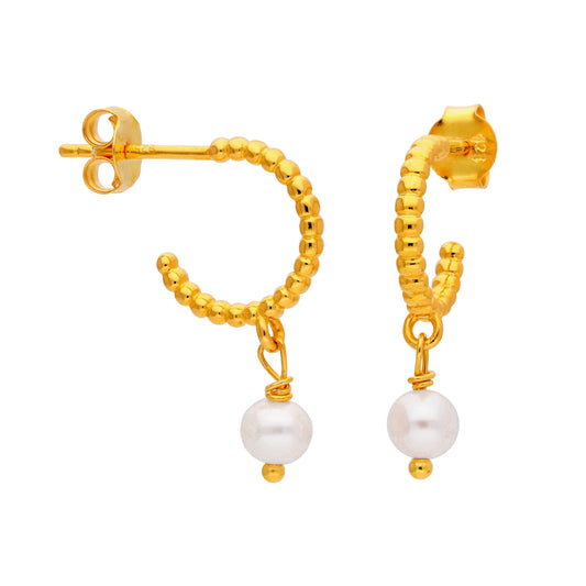 Gold Plated Sterling Silver Pearl Beaded Hoop Stud Earrings