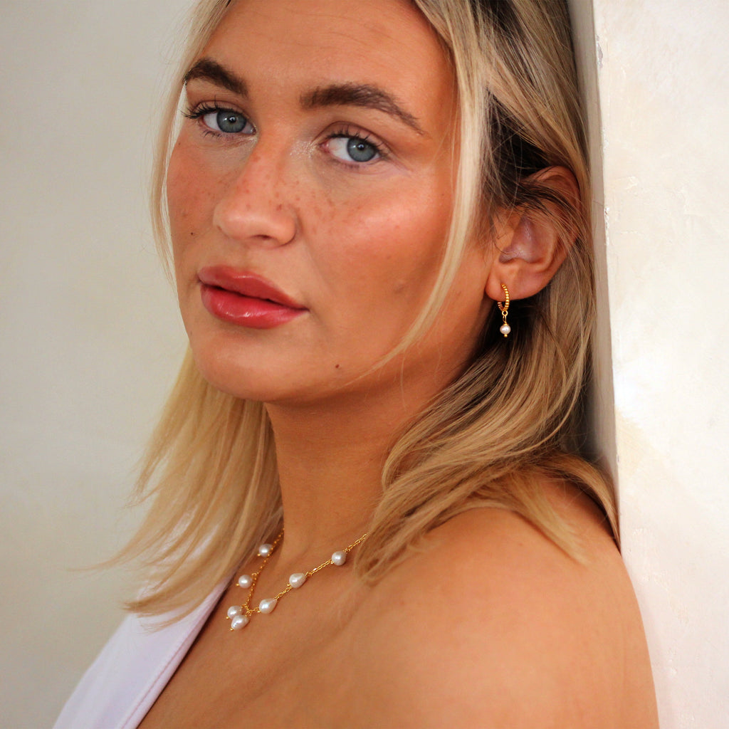 Gold Plated Sterling Silver Pearl Beaded Hoop Stud Earrings