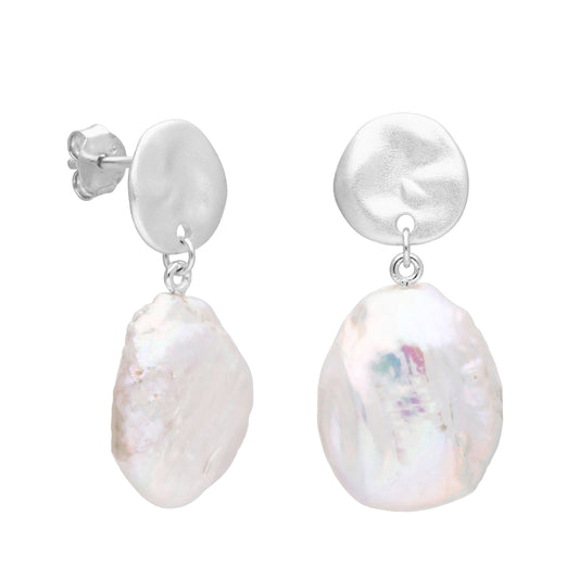 Large Sterling Silver Freshwater Baroque Pearl Drop Stud Earrings