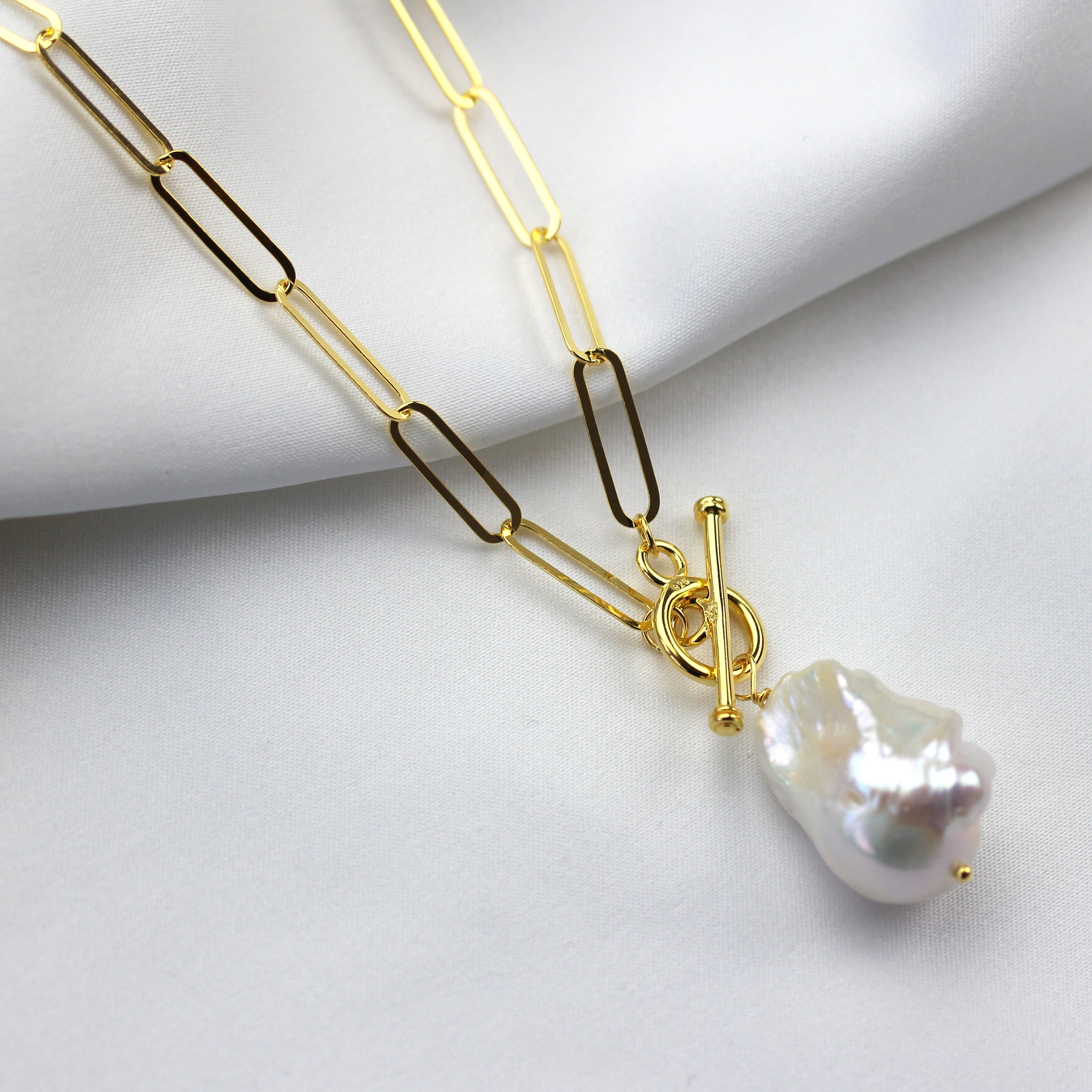 Gold Plated Sterling Silver Unique Pearl Drop Link Necklace