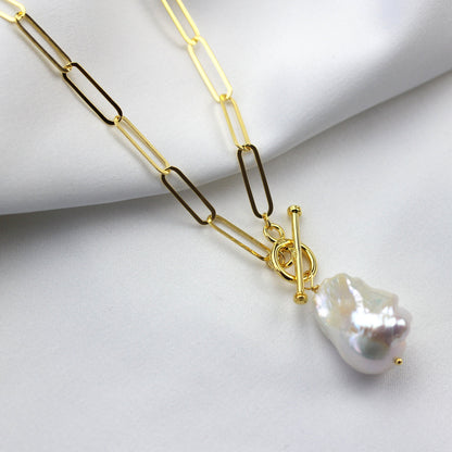 Gold Plated Sterling Silver Unique Pearl Drop Link Necklace