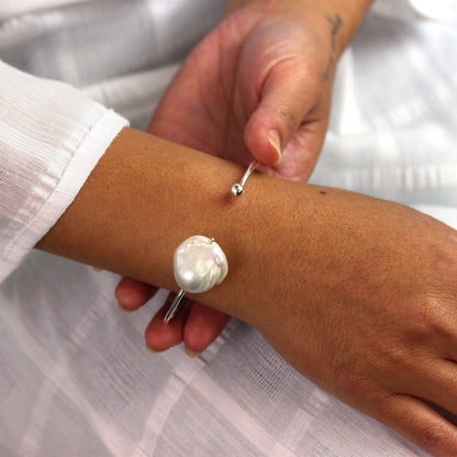 Sterling Silver Freshwater Baroque Pearl Torque Cuff Bangle