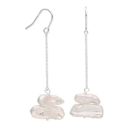 Sterling Silver Freshwater Baroque Double Pearl Drop Dangle Earrings