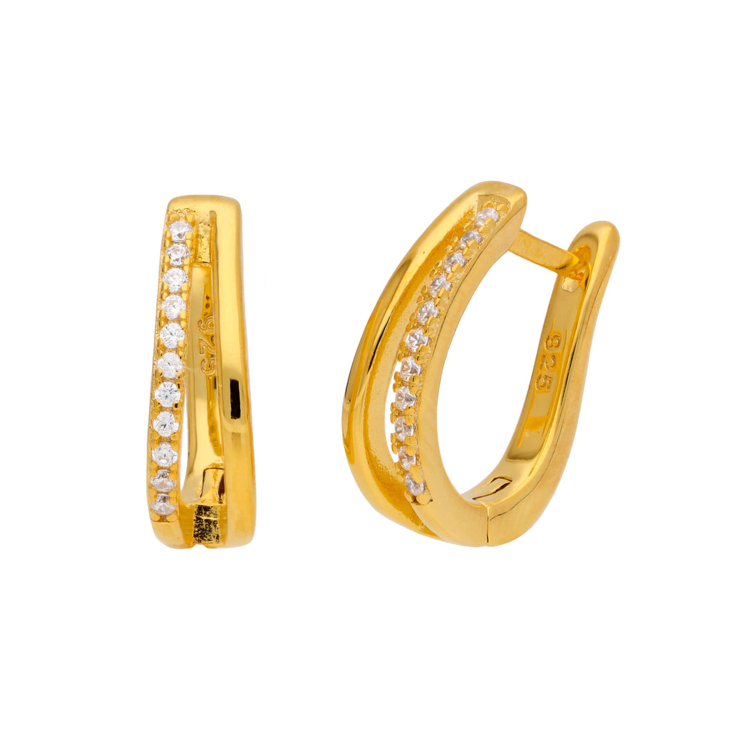 Gold Plated Sterling Silver Double Oval Pave CZ Huggie Hoop Earrings