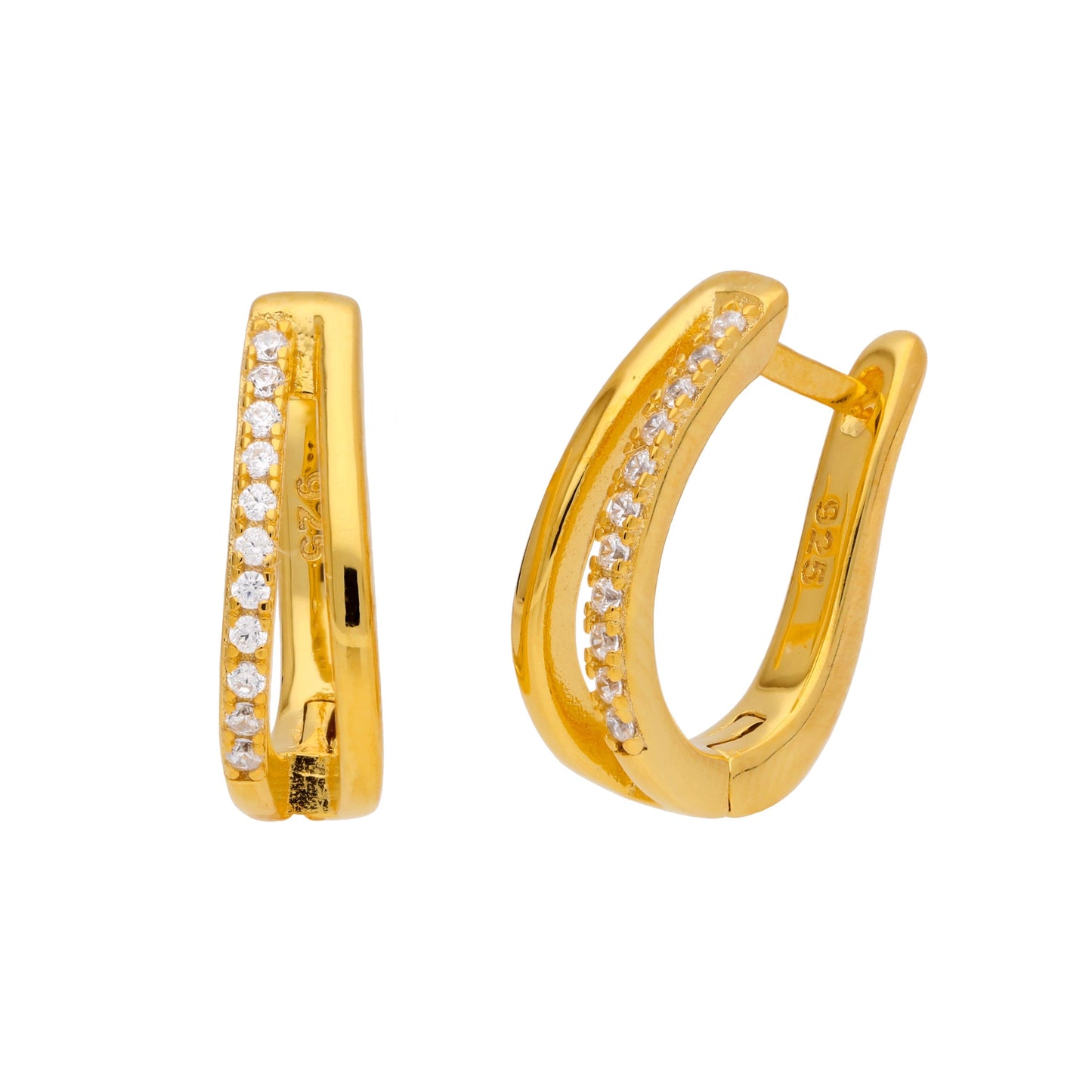 Gold Plated Sterling Silver Double Oval Pave CZ Huggie Hoop Earrings
