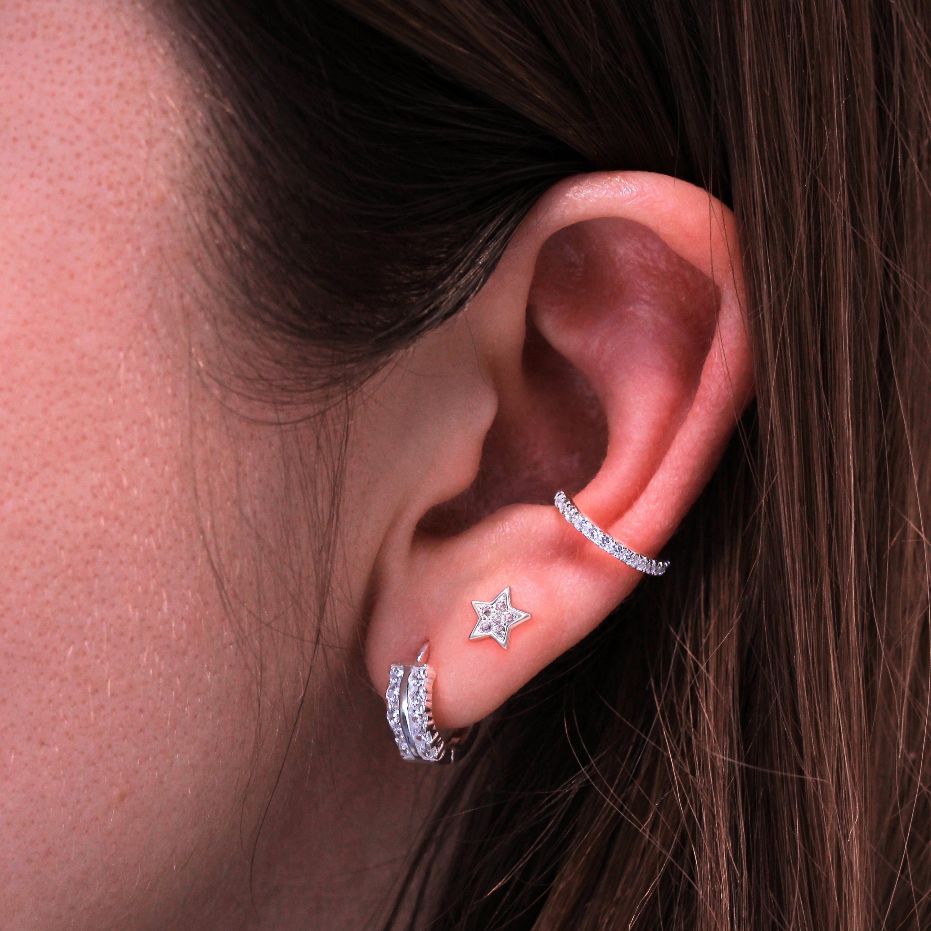 Sterling Silver Star Planet Mix & Match Clear CZ Pave Stud Earrings
