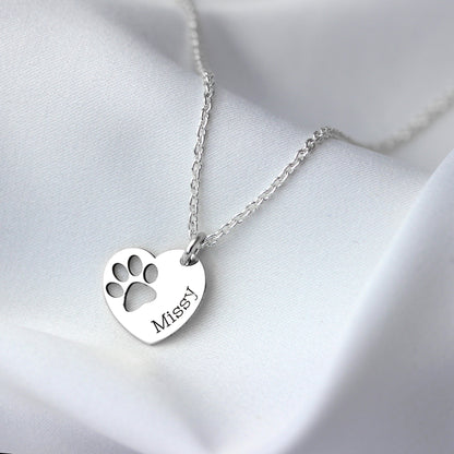 Bespoke Sterling Silver Heart Paw Name Necklace 16 - 24 Inches