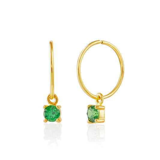 Gold Plated Sterling Silver Emerald CZ 12mm Charm Hoop Earrings - jewellerybox