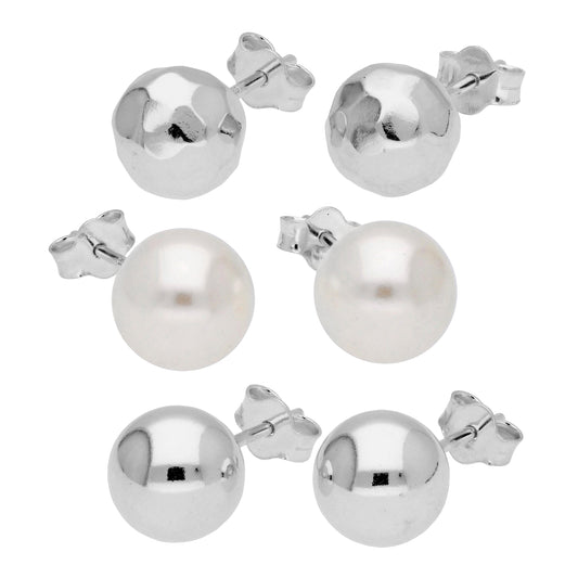 Silver Pearl Plain Hammered 8mm Ball Stud Earrings Set of 3