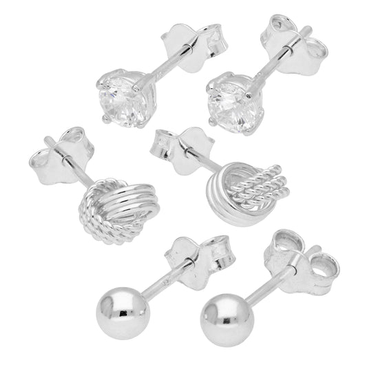 Sterling Silver Knot 4mm CZ & Ball Stud Earrings Set of 3