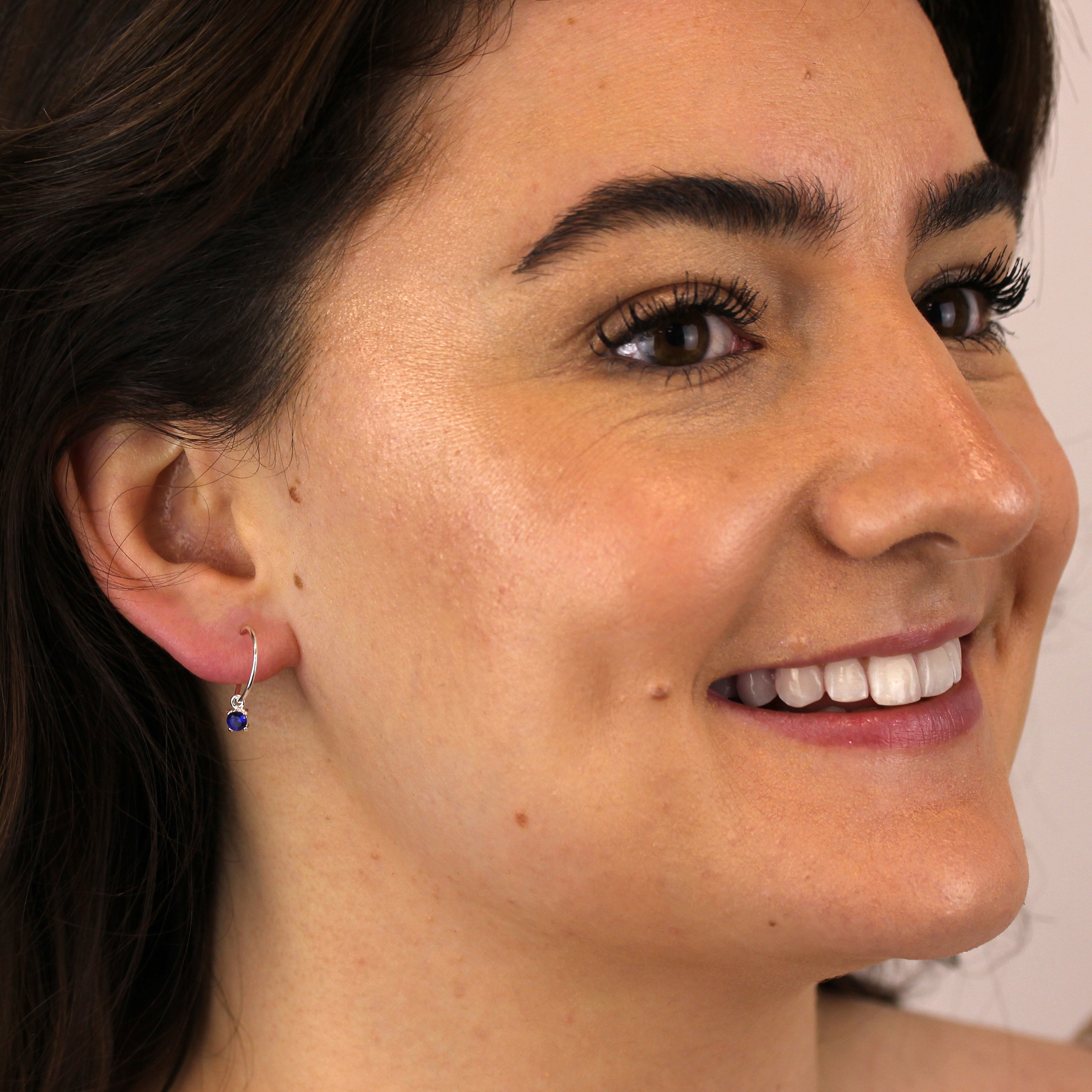 Sterling Silver Sapphire CZ September 12mm Charm Hoop Earrings